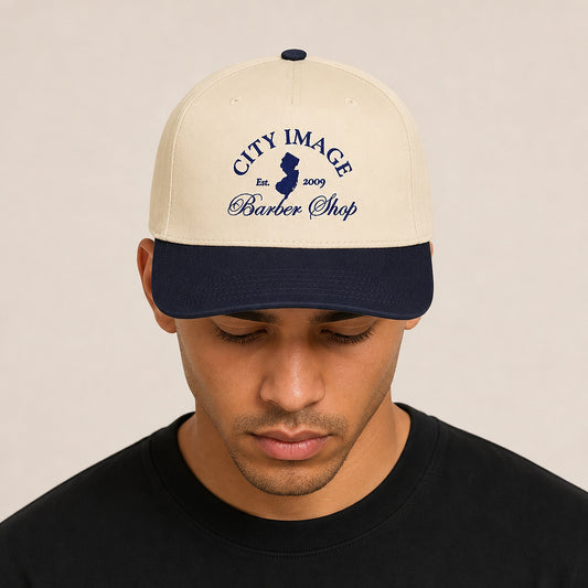 City Image Members Only Cap (Navy/Natural) — on model