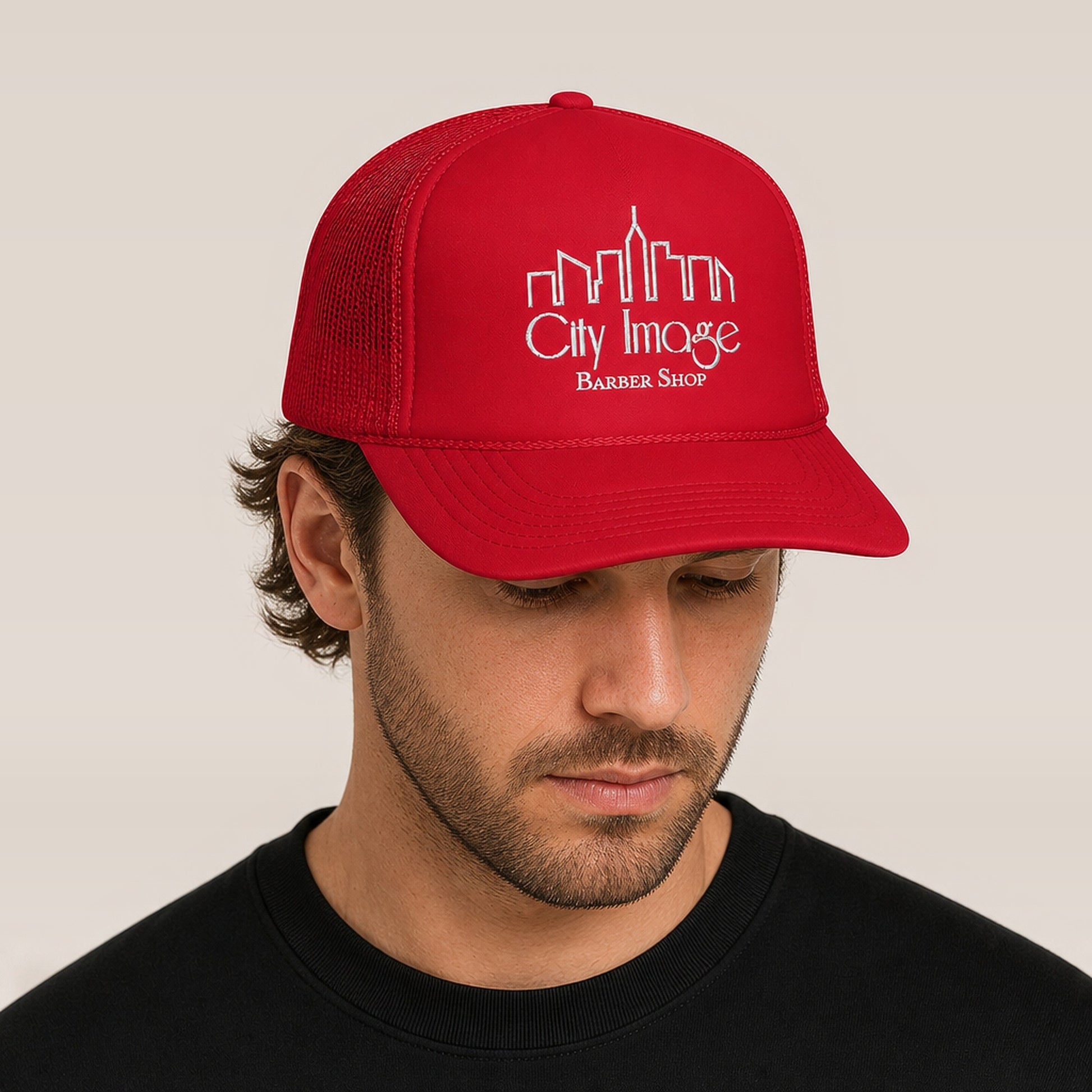 City Image Logo Foam Trucker Hat (Red) — on model