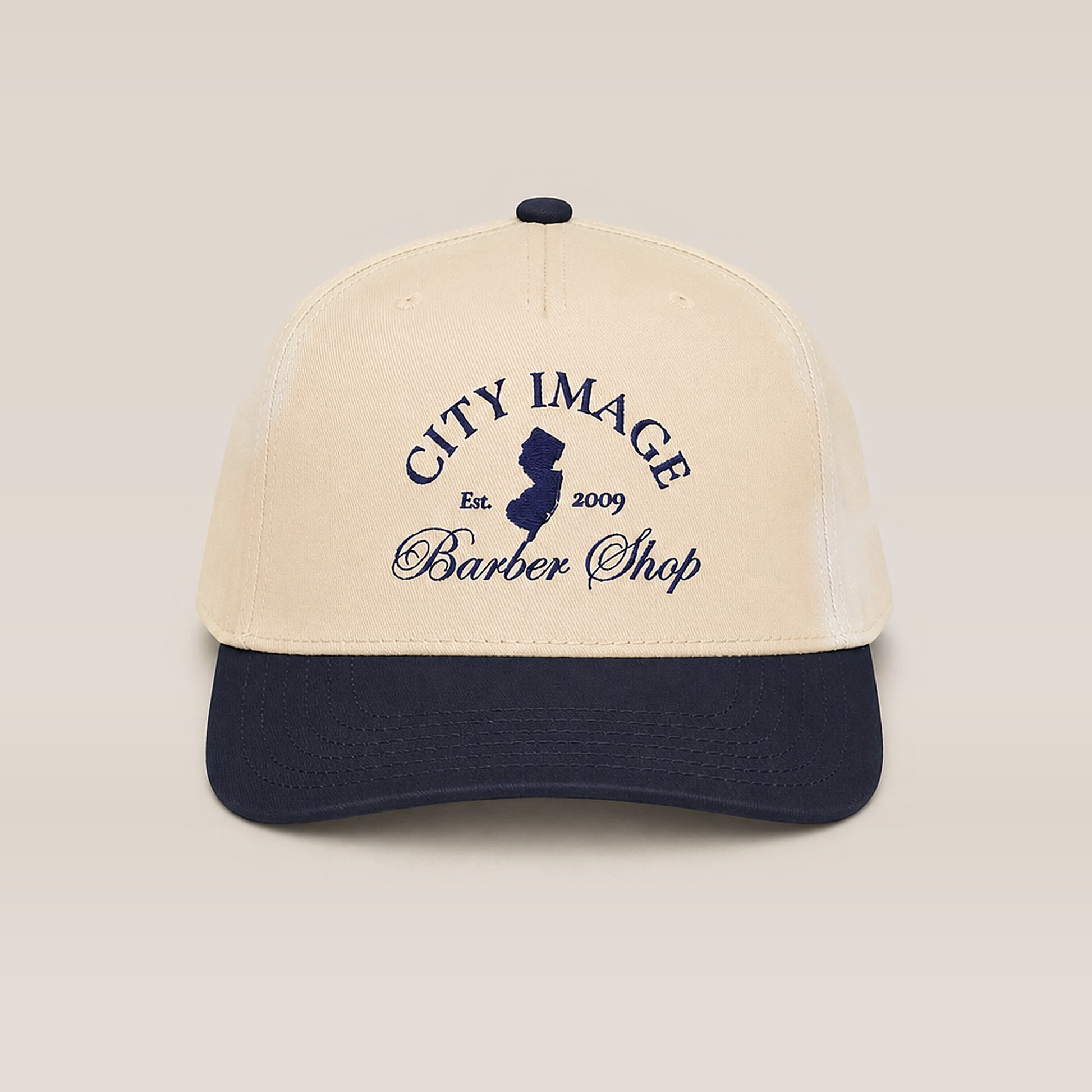 City Image 5 Panel Cap (Navy/Natural) — front